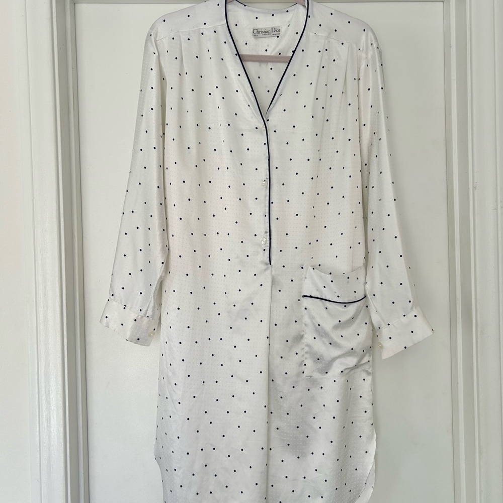 Christian Dior Vintage White Polka Dot Satin Nightgown EUC